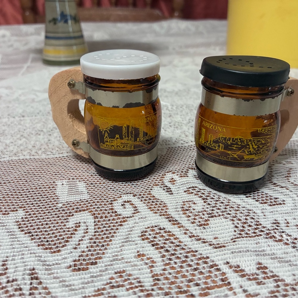 Vintage Arizona Amber Glass Salt & Pepper Shakers with Wooden Handles
